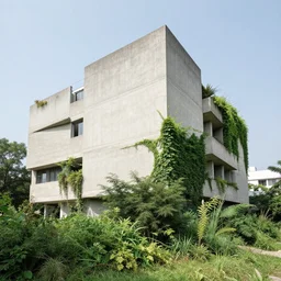 brutalist concrete building with exuberant vegetation, provia, velvia