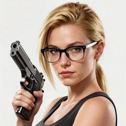 a thin blonde lady with glasses holding a gun, gta 5 cover art, real life skin, intricate, highly detailed, artstation, concept art, smooth, sharp focus, art by artgerm and greg rutkowski