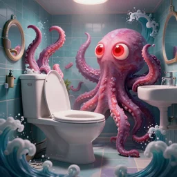 sideview of cute  toilet bowls with tentacles  in epic battle pose ruling the world with  big glowing  red eyes and tentacles , big complex action scene in bathroom ,  studio light, wapor wave retro design  by greg rutkowski