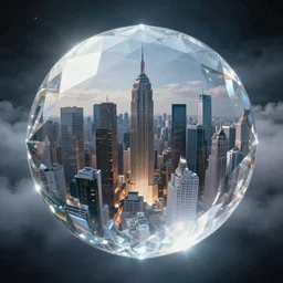a gigantic city in a glowing diamond orb, where the image is distorted by light refraction, smoky glass, and clouds