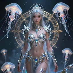 a centered render of an alluring wild post apocalyptic cyborg goddess with wearing ornate silver and gemstones and crystal clothing surrounded by flowing liquid gallium jellyfish and sacred geometry, perfect body and face, gorgeous, cinematic, beautifully lit, by artgerm, by karol bak, by donato giancola, 3 d, trending on artstation, octane render, 8 k