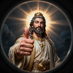 havenly picture of god giving a thums up. fisheye lens