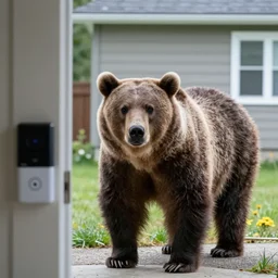 A large grizzly bear outside a house, Ring doorbell camera footage