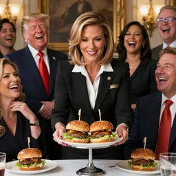 liz cheney working as a waitress serving donald trump some burgers, everyone is laughing