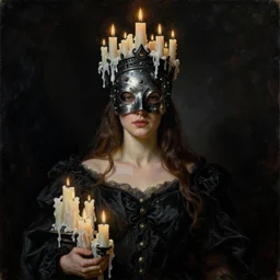Beautiful woman in steel occult mask and black crown covered with wax from many burned candles, by Nicola Samori, Ilya Repin, William Blake, Michelangelo da Caravaggio, black background, full body portrait, highly detailed oil painting, trending on artstation, 4k, masterpiece