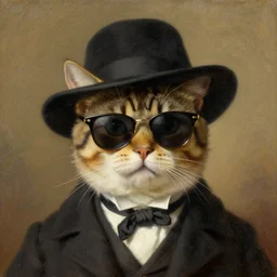 a cat wearing sunglasses and a hat, portrait, 1 8 0 0 s oil painting