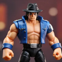 macro head shot 8 5 mm of calm michael jackson oversized muscular hulk! powerlifter wrestler with fedora hat by neca!!! pretty! beautiful! shirtless muscular black pants blue military armor rockstar jacket very detailed realistic action figure by neca in the style of ryo kusanagi, character from king of fighters, film still, bokehs