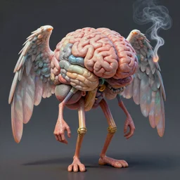 detailed painting of a brain with legs and wings, 3d, colorful, smoking