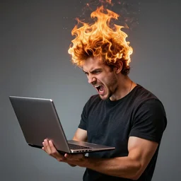 a man holding a laptop screaming in rage as flames emerges from his hair, stock photo, realistic, hdr, clear image, hdd, dynamic lighting, rtx on,