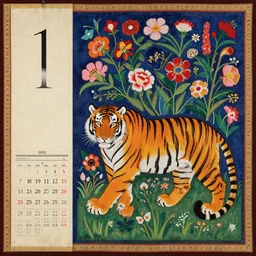 a tiger blooming with flowers, the chinese calendar, a silk screen, by kahlo, behance, cloisonnism, qajar art, deviant art, wiccan, photo illustration, made of beads and yarn, by yuko shimizu by raja ravi varma