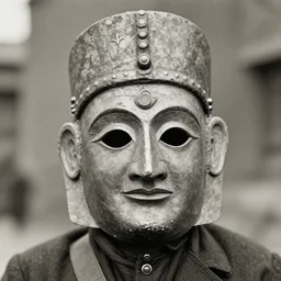 person wearing spiritual hindu mask, ww1 photo, grainy, high detail, high resolution,
