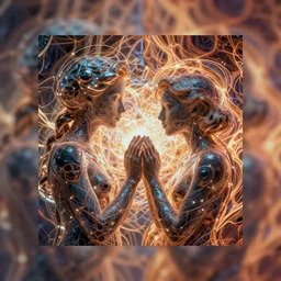 transformational code which help to love yourself, enclosed in a beautiful picture, in the style of future art, exquisite personages wrapped thermal background, high resolution, ultra detailed