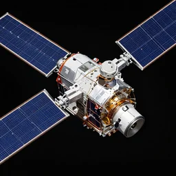 closeup of a satellite in orbit, solar panels, modular, hd photography