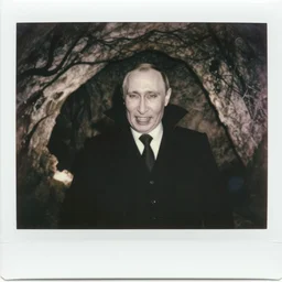 vladimir putin is vampire having sharp teeth, is in minerals cave, polaroid black and white picture, 1 9 th century, scary horrifying