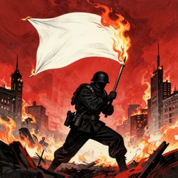 a soldier in black clothes who is burning a white flag, against the backdrop of a burning city, battle of good versus evil, insanely detailed and intricate, hyperrealistic, woodblock print, shades of red and white and black and fire, 8 k