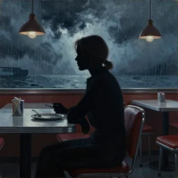 silhouette of Elle Fanning in an empty diner, stormy weather, extremely detailed masterpiece, oil on canvas, low-key neon lighting, artstation, Blade Runner 2049, Roger Deakin’s cinematography, by J. C. Leyendecker and Peter Paul Rubens,