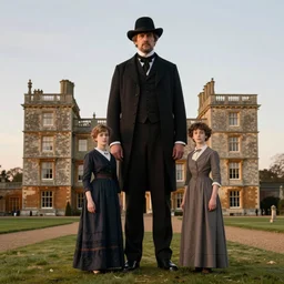 an enormously tall imposing man in victorian suit and overcoat and hat stands beside short slim woman in dress in front of english stately home, sunrise, adebanji alade, george goodwin kilburne, norman rockwell
