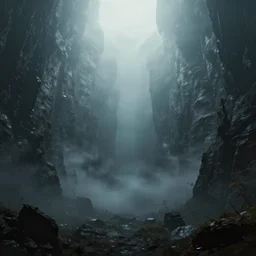 Made in Abyss landscape, fog, tremengouse abyss in the centre of a picture