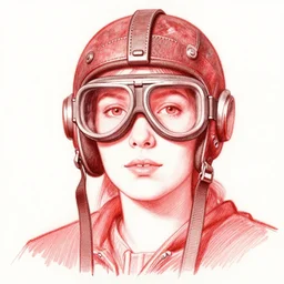 woman wearing aviator helmet and googles, drawn by bernie wrightson, red tones