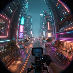 RTX on. Raytracing. incredible lighting. Global illumination. Gameplay screenshot. Octane Render. Masterpiece. First person GoPro headcam footage. Parkour through futuristic neon sci-fi city streets. Fisheye lense photograph.