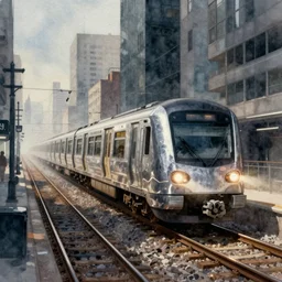 concept art of a urban train pinterest, artstation trending, behance, watercolor, by coby whitmore *, silver, laser light *,
