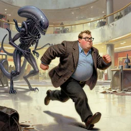 a chubby man with glasses in a tweed jacket runs away from a xenomorph in an abandoned mall, comic book cover painting in the style of bill sienkiewicz and jack kirvy, many small details