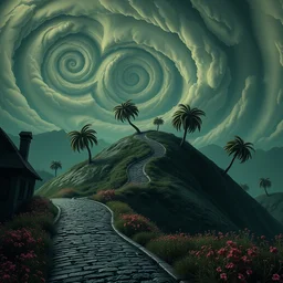 dark tones, curled perspective digital art of spiral clouds cobblestone street with wildflowers top of a hill with curly palmtrees by anton fadeev from nightmare before christmas