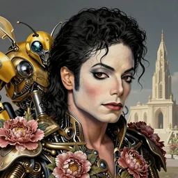 rtx ambient occlusion | edm devil mech | face of beautiful, rich, soft, crisp, enticing michael jackson | architectural biomechanical floral ramjet bumblebee temple | an ultrafine hyperrealistic illustration by artgerm and mucha and beeple : : intricate linework, octane render and artstation and hi - fructose, intricate environment, sharp focus
