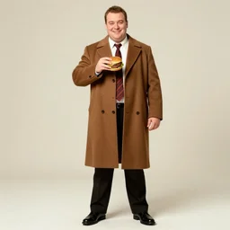 full length shot : : clean - shaven smiling white chubby italian american man in his 4 0 s wearing a long brown overcoat and necktie and black shoes shoes shoes holding a burger, 2 0 0 6 advertising promo shot