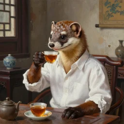portrait painting of a weasel wearing a white shirts drinks tea in a shabby chinese room by wenjun lin, irakli nadar, bright colors, octopath traveler, wenjun lin, unreal engine 5 highly rendered, global illumination, 9 radiant light, detailed and intricate environment