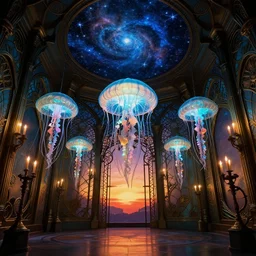 artnouveau jellyfish museum interior design, bioluminescent, steampunk artnouveau, constellation nebula ceiling, candlelight, sunset glow, dark shadows, octane render, volumetric lighting, raytracing, symmetrical wide shot low angle