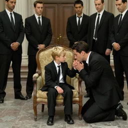 a medium shot photograph of a blonde boy sitting on a classic armchair, wearing causal black suits, in the middle of a hall which fills with mafia men, looking at the adult men kneeling before him kissing his hand, the 2000s, Italy, solemn, pale
