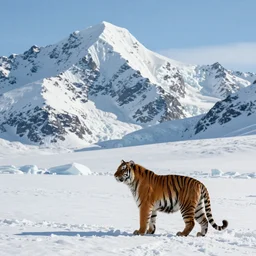arctic landscape wide angle, mountains fully covered in snow in the background, a tiger in the middle looking at the mountains - w 7 9 6 - n 6