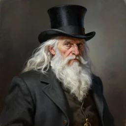 A white hair old halfling without a beard top hat and suit by Greg Rutkowski, painting, HD, high details, dramatic, trending on artstation