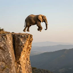 photo of jumping elephant falling jumping off of mountain cliff, golden ratio, rule of thirds