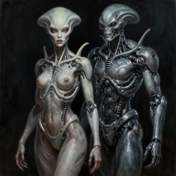 ultra realist intricate detailed horror painting of an attractive alien female and a cyborg male, full body, curvy, cyborg tech, symmetry accurate features, very intricate details, horror, side lighting, focus, 8k render, artstyle Hiraku Tanaka and Tom Bagshaw, award winning