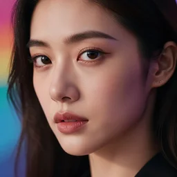 a beautiful woman with beautiful face with piercing eyes and lips with a colorful background, cinematic lighting, establishing shot