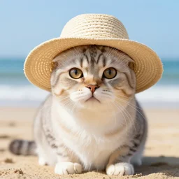 beautiful photo portrait cat wearing a beach hat at the beach, professional photo, detailed cat, funny, cute, summer, 4 k