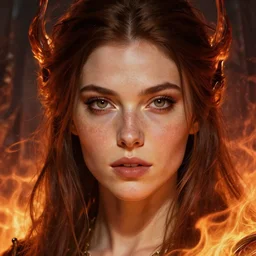 dungeons and dragons female fire mage character closeup portrait, dramatic light, epic background, 2 0 0 mm focal length, painted by stanley lau, painted by greg rutkowski, painted by stanley artgerm, high detail, real life skin, freckles, 8 k, stunning detail, works by artgerm, greg rutkowski and alphonse mucha, unreal engine 5, 4 k uhd, digital art, trending on artstation