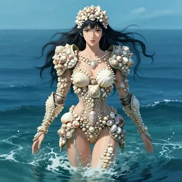 fantasy woman wearing an armor covered with seashells emerging from the sea, by Artgerm and Yoshii Chie, medium shot