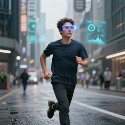 a person running through a future city wearing an augmented reality headset with virtual screens showng vital signs and health information 8k unreal