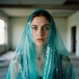 closeup portrait of a woman wrapped in teal cellophane, standing in a derelict building interior, color photograph, by juergen teller, canon eos c 3 0 0, ƒ 1. 8, 3 5 mm, 8 k, medium - format print