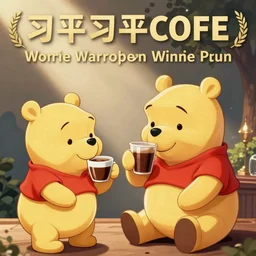Xi Jinping drinking a coffee with winnie puuh, comic style
