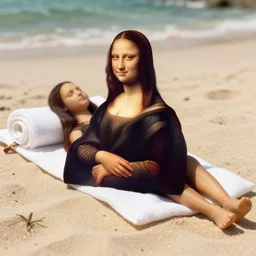 mona lisa sunbathing on a beach