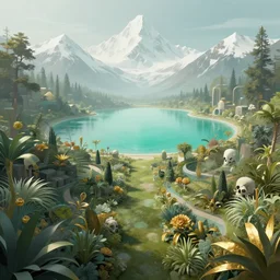 a paradise garden, a land of the dead, divine, hazy, volumetric lighting, snowy summits in the background, vast turquoise lake, lush flora, empty, spacetime bending, very detailed, serene, gold accents, washed out colors, beautiful digital artwork, cubism, master level composition, raytracing