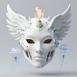 symmetrical beautiful phoenix princess face in biomechanical mask of a cyberpunk demon by Roberto Ferri. Edison bulb. white plastic. human skull jellyfish butterfly phoenix head. burning water. baroque ornament details, intricate artwork by Tooth Wu and wlop and beeple and dan mumford and greg rutkowski. halo. octane render, cinematic, hyper realism, octane render, 8k, depth of field, bokeh. iridescent touch. vibrant. saturated. blade runner style