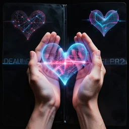 “ album cover design, folding hands and beating electronic hearts, digital art ”