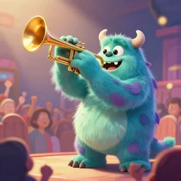joyous monster playing trumpet to cheering audience, artstation, fantasy