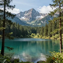 a lake surrounded by pine trees with mountains in the background. digital art, very detailed, trending on artstation, 4K wallpaper