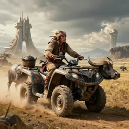 buffalo chase ,native indian on ancient wood atv, attacking, action scene, an epic fantasy, dramatic lighting, cinematic, establishing shot, extremely high detail, photorealistic, cinematic lighting, artstation, octane render, by simon stalenhag, horizon forbidden west and futuristic western